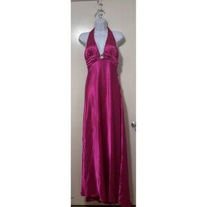 MORGAN & CO Cosmo pink long halter opened back dress, size L Junior Rhinestone